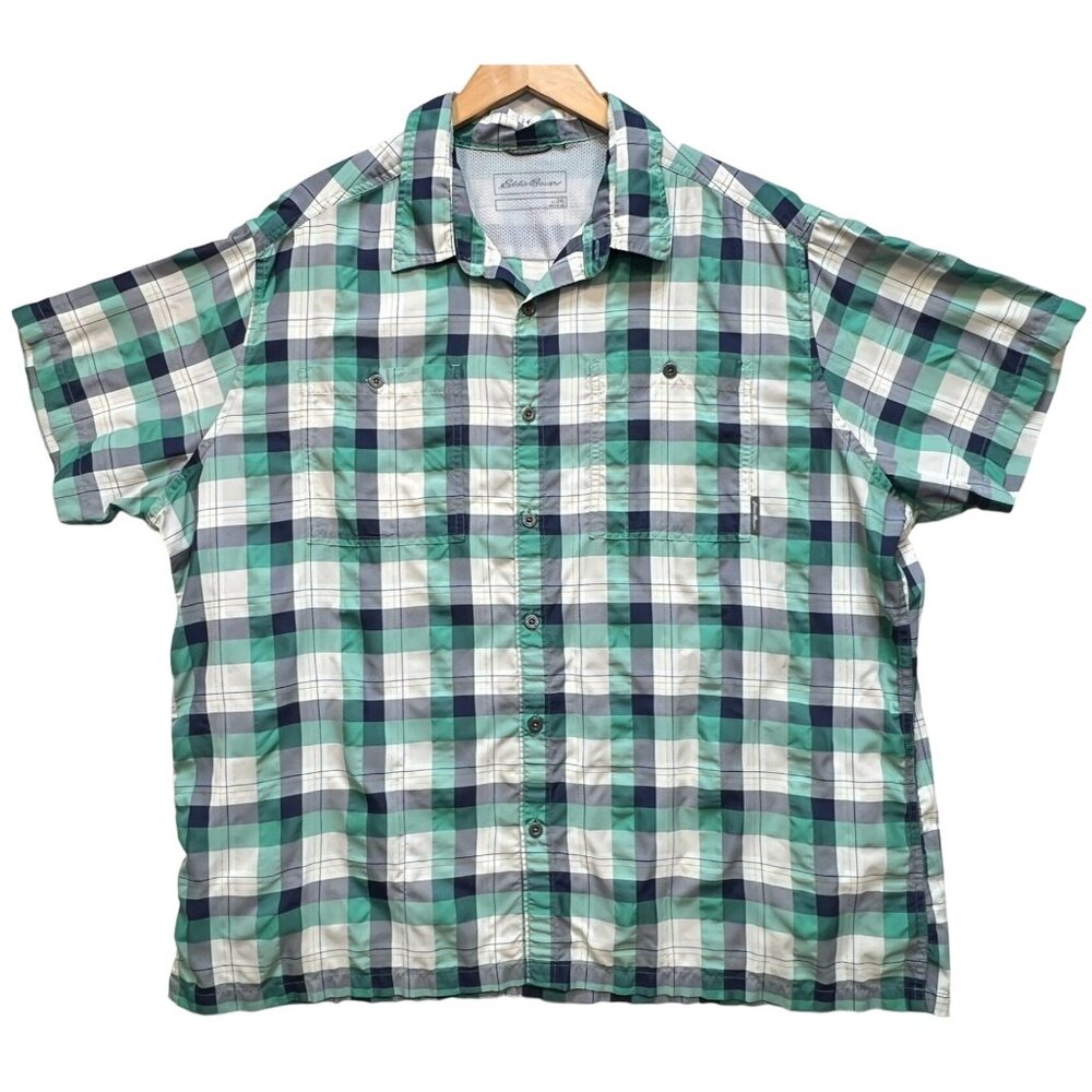 Eddie Bauer Men's Rainier Button Down Shirt Short Sleeve Sz 2XL White Blue Plaid